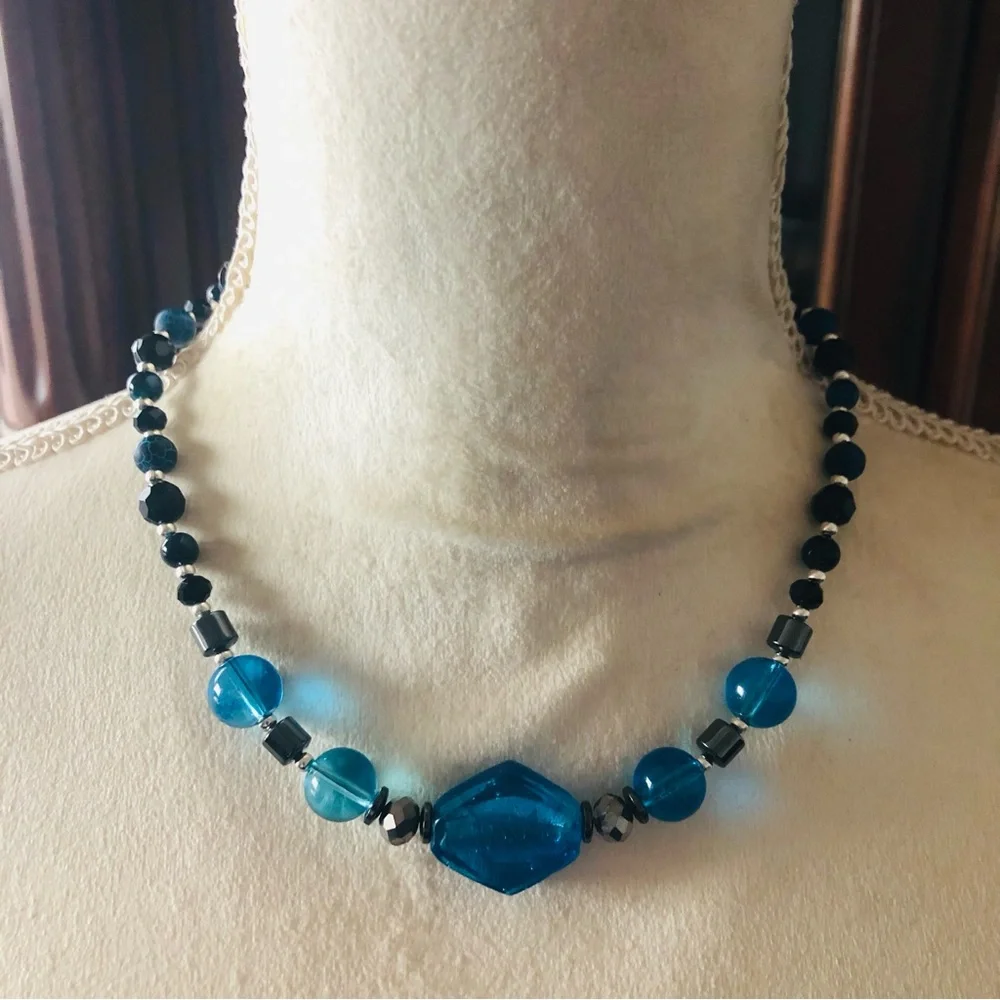 Handcrafted repurpose glass apatite agate hematite stone beaded necklace